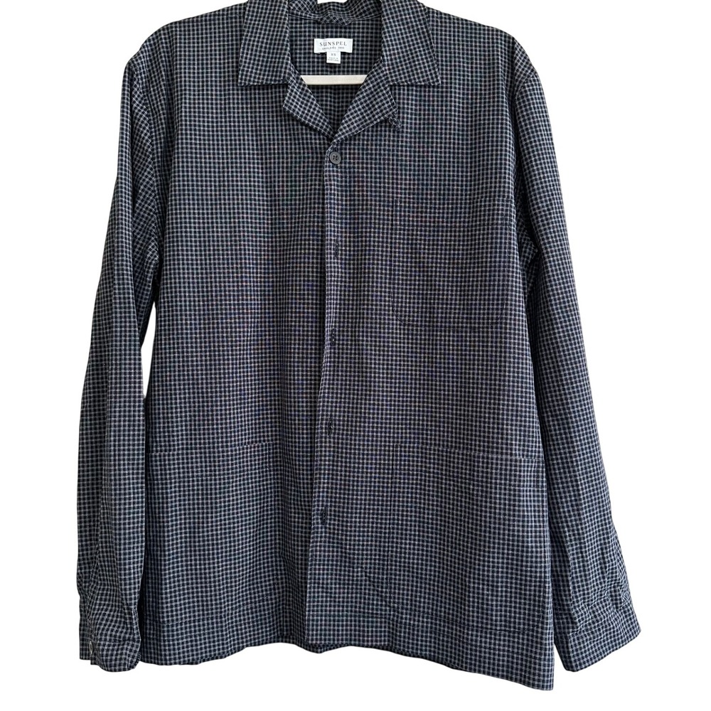Sunspel Mens XS Navy White Micro Check Long Sleeve Camp Collar Shirt 100% Cotton